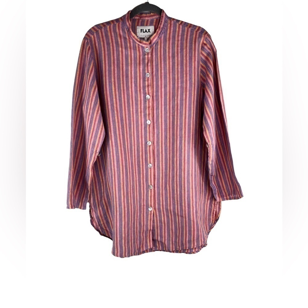 Flax Striped Linen Long Sleeve Buttondown Tunic Dress Lagenlook Size Small